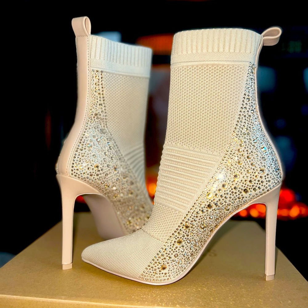 Steve Madden Cream Rhinestone Knit Sock Stiletto Boots